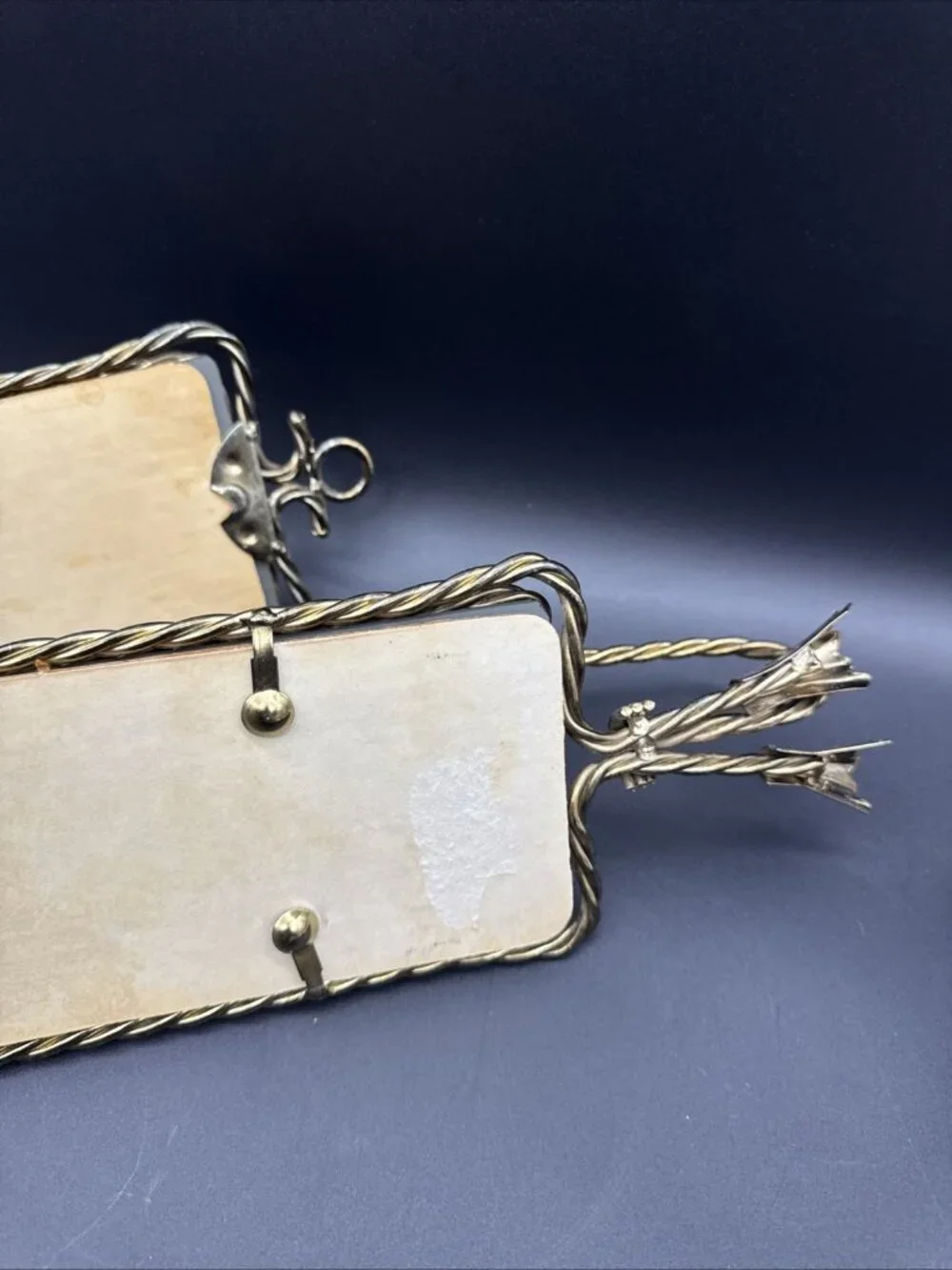 Vtg Midcentury French Gold Twisted Metal Rope Tassel Mirrored Candle Sconce Pair